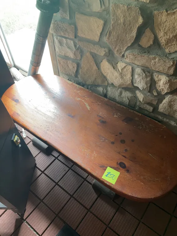 Long Oval Wood-Top Table with Single Wooden Pedestal Base
