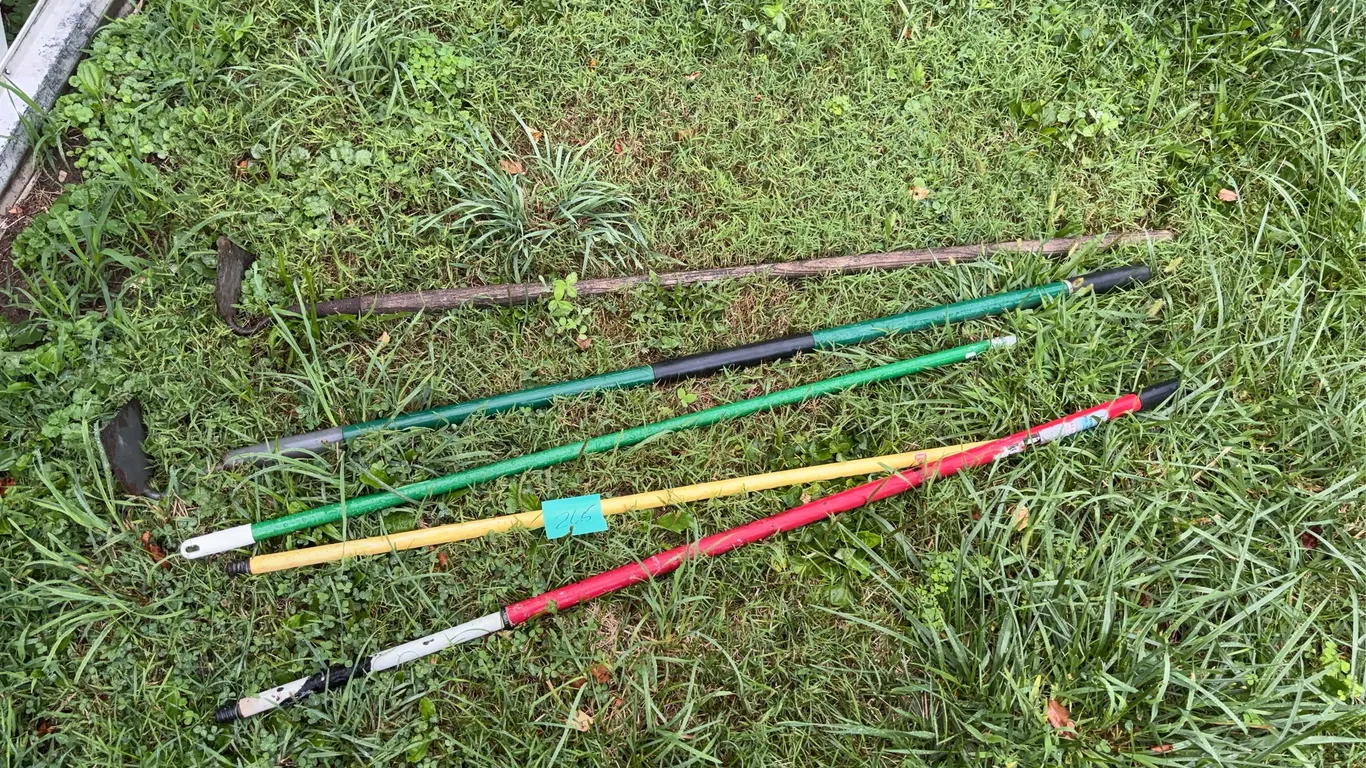 3 Broom Sticks and 2 Garden Hoes