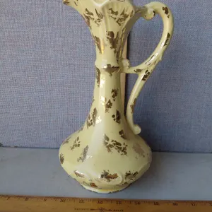 Vintage Pottery Pitcher, Gold Colored Painted Flakes 10.25" Tall