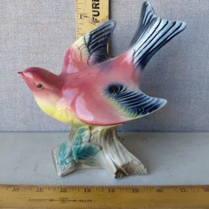 Vintage Pottery Bird On Tree Stump 7.5" Tall
