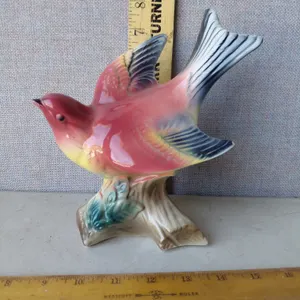 Vintage Pottery Bird On Tree Stump 7.5" Tall