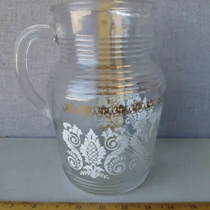 Vintage Gold & Floral Scroll Glass Pitcher 9.25" Tall