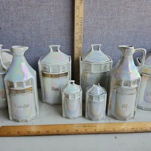Vintage Irrescent Porcelain Made In Germany 6 Canisters & 2 Vingarete Bottles (1 Lid Damaged & Bottl