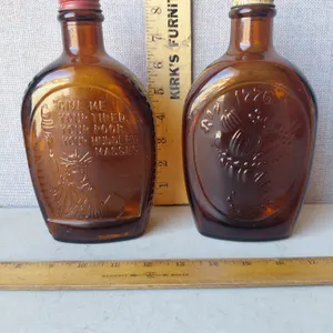 Vintage Log Cabin Syrup Brown Glass Bottles 1776 & Liberty