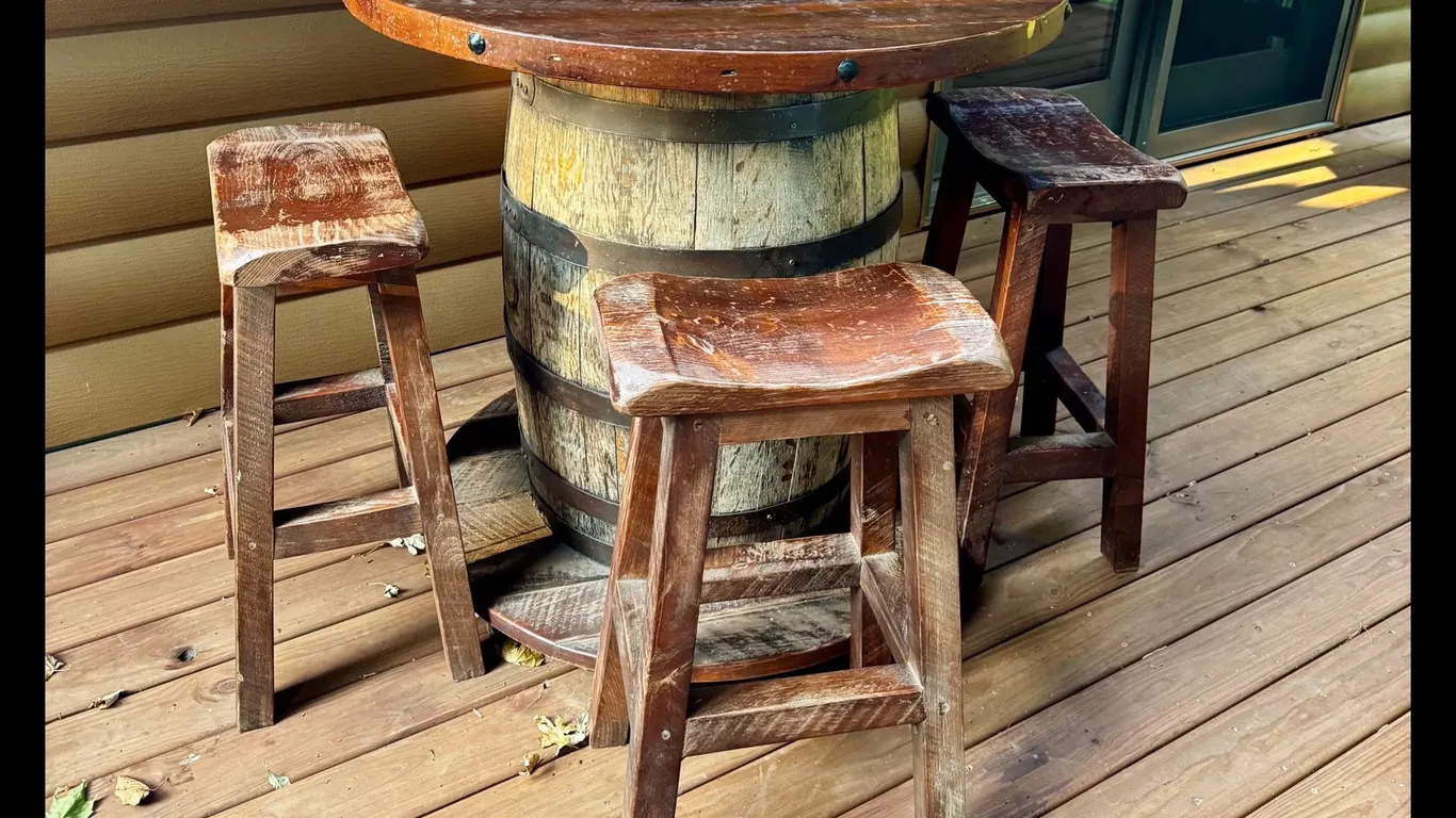 Rustic Wooden Barrel Pub Table and (3) Wooden Saddle Stools