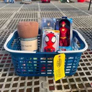 Superhero Basket: Spidey, Batman & The Flash Figurine, Wallet & Fleece Throw Blanket