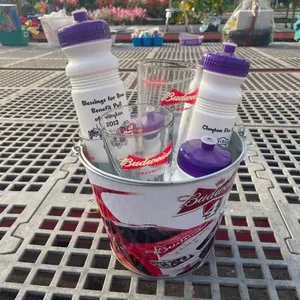 Budweiser Bucket w/ Drinking Glasses & Water Bottles