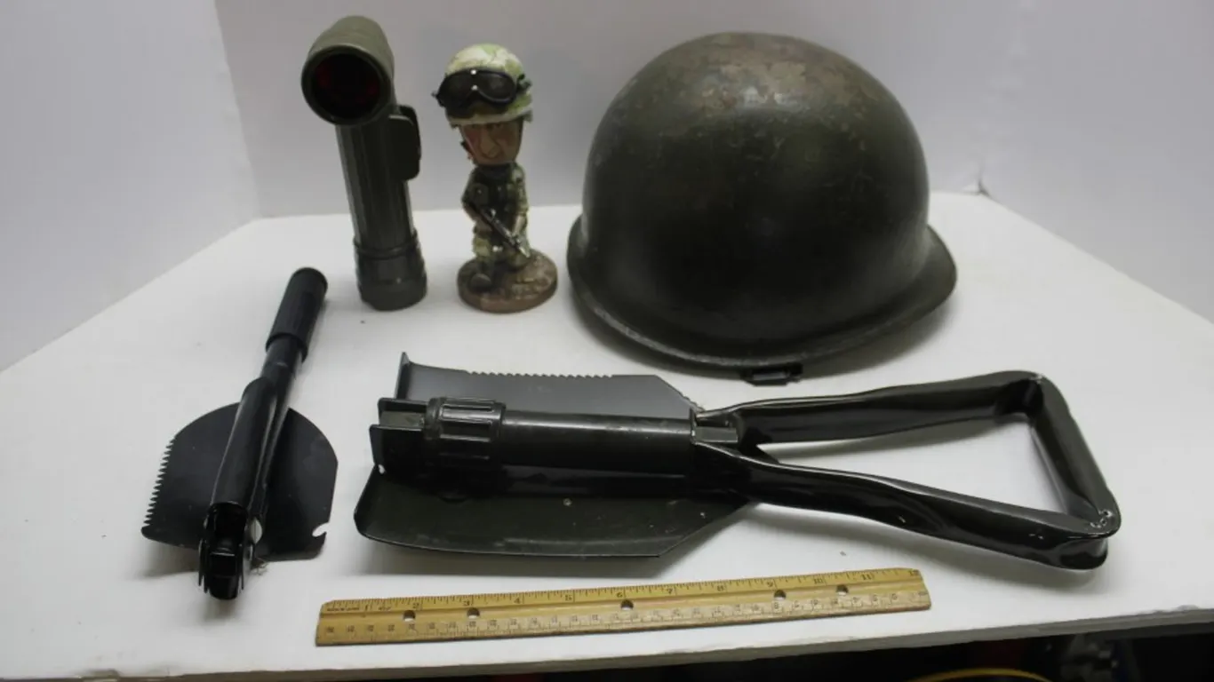 Military Helmet Flashlight Shovel and More