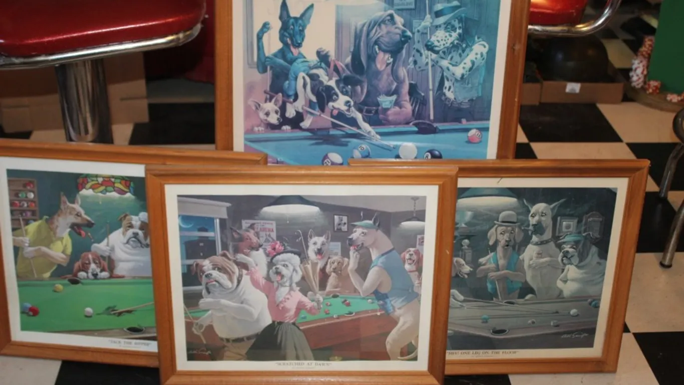 Four Billiard Dog Prints, Measures 22 x 18