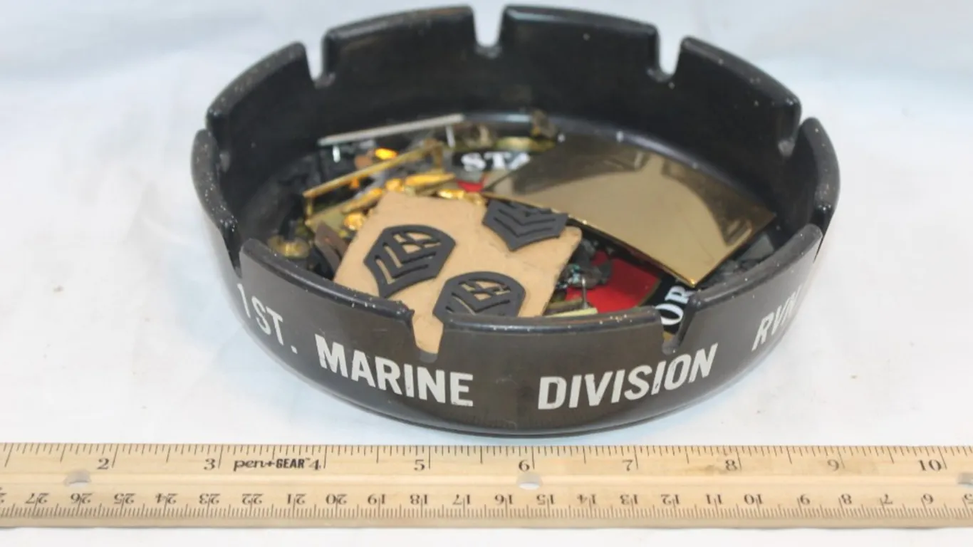 Military Pins Buckles and Ashtray