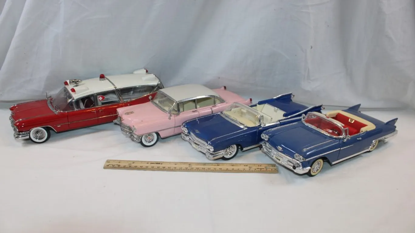 4 1:18 Scale Cars, MRC Pink Cadillac, Precision 1959 Cadillac Ambulance, 1958 Cadillac, Maisto 1959 Cadillac