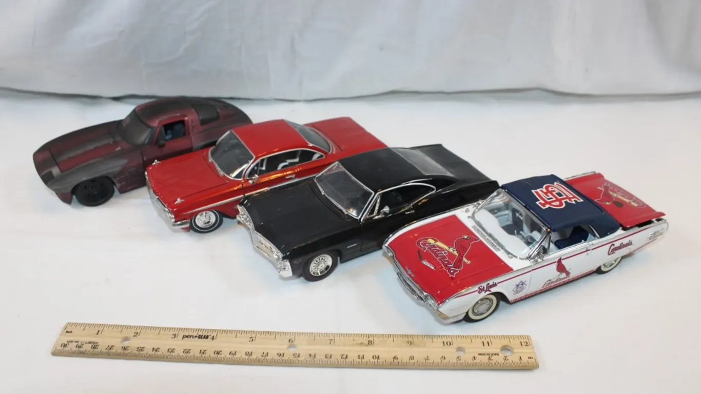 Four 1:24 Scale Diecast Models: Jada 1968 Chevy Corvette Stingray Coupe, Jada 1967 Chevy Impala SS Cardinals Themed, 1961 Ford Thunderbird, and Classi