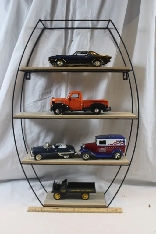 Display Shelf with Five 1:24 Scale Diecast Cars: 1970 Dodge Challenger Motor Max, 1941 Plymouth Truck, 1954 Chevy Bel Air, Liberty Billy Ray Cyrus Lim