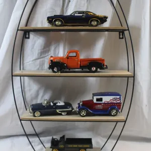 Display Shelf with Five 1:24 Scale Diecast Cars: 1970 Dodge Challenger Motor Max, 1941 Plymouth Truck, 1954 Chevy Bel Air, Liberty Billy Ray Cyrus Lim