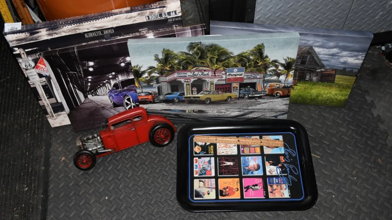 Automotive Themed Print on Canvas (4 Count), an Elvis Tray, and a Tin Hot Rod Wall Plaque