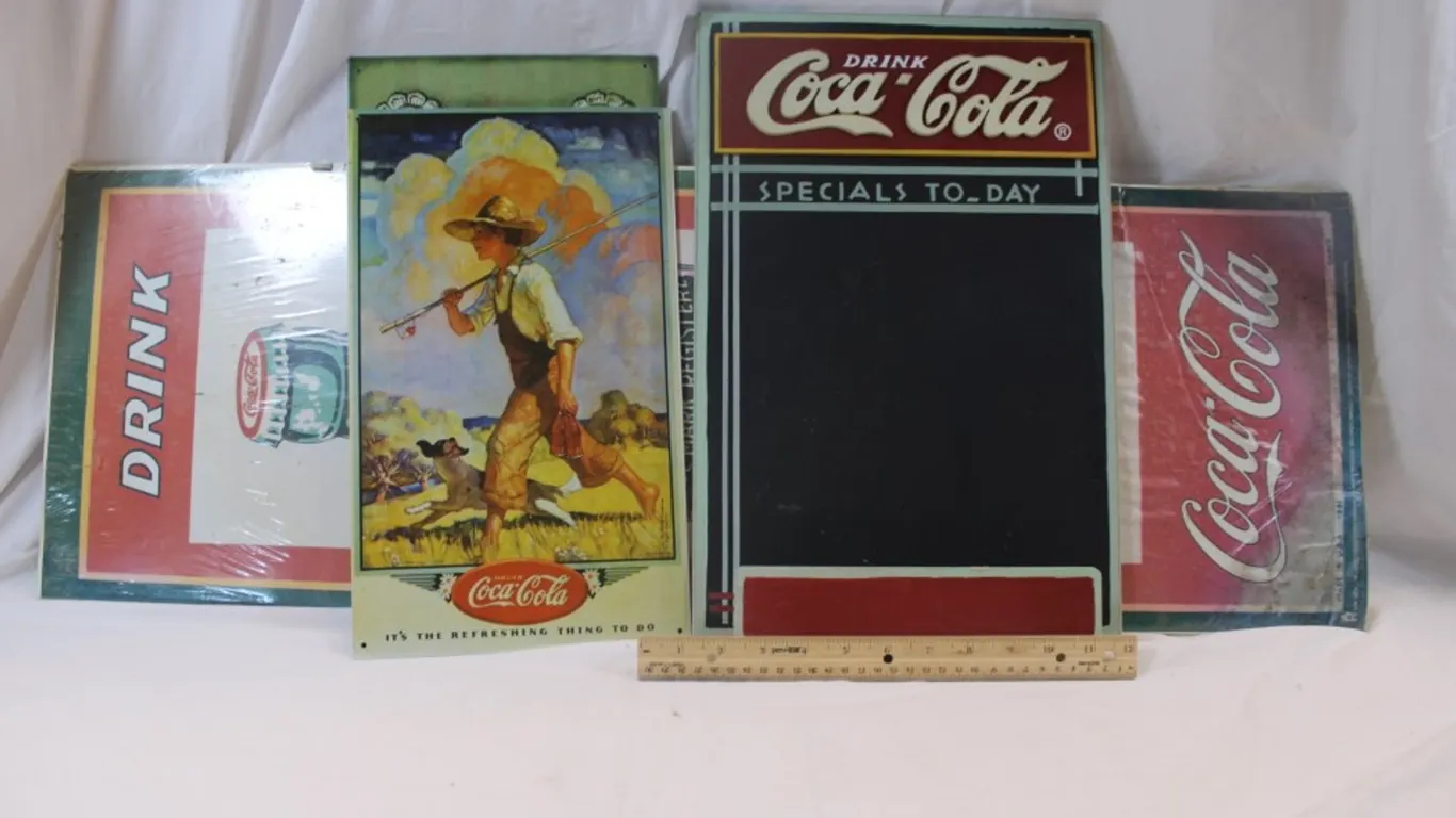 Two Tin Coca-Cola Signs, Coca-Cola Chalkboard, and a Coca-Cola Poster
