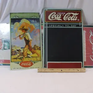 Two Tin Coca-Cola Signs, Coca-Cola Chalkboard, and a Coca-Cola Poster