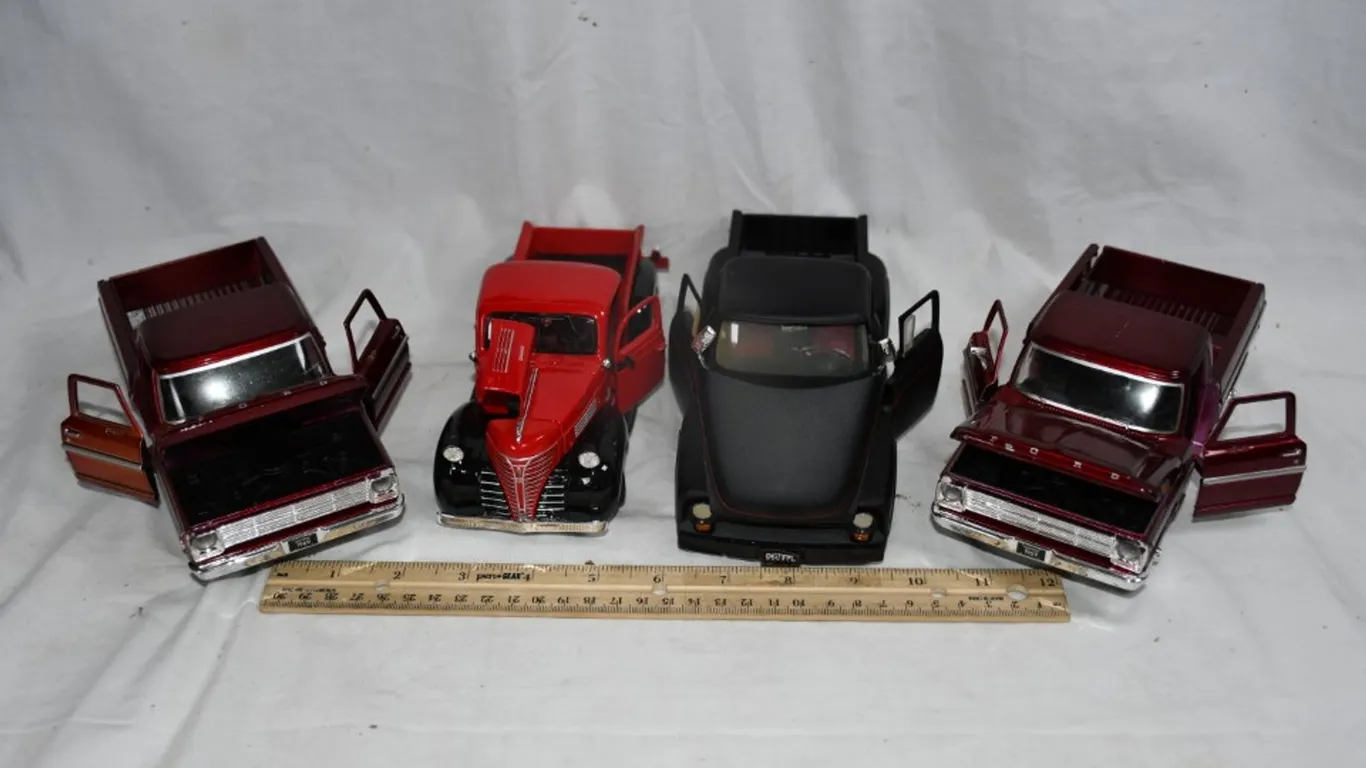 4 1:24 Scale Pickups: 56 Ford, Two 55 Fords, and a 41 Plymouth
