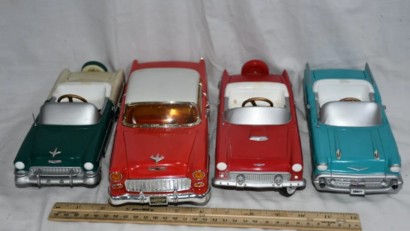 4 Diecast Model Cars: 3 Model Pedal Cars and a 1:18 Scale 55 Bel Air Hardtop