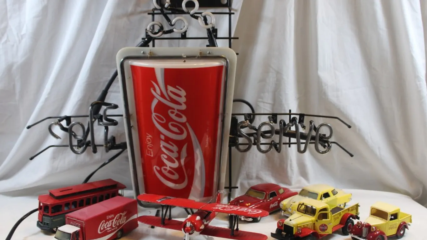 Coca Cola Diecast Cars Trucks and Plane and a Coca Cola Neon Light Broken Doesn't Work