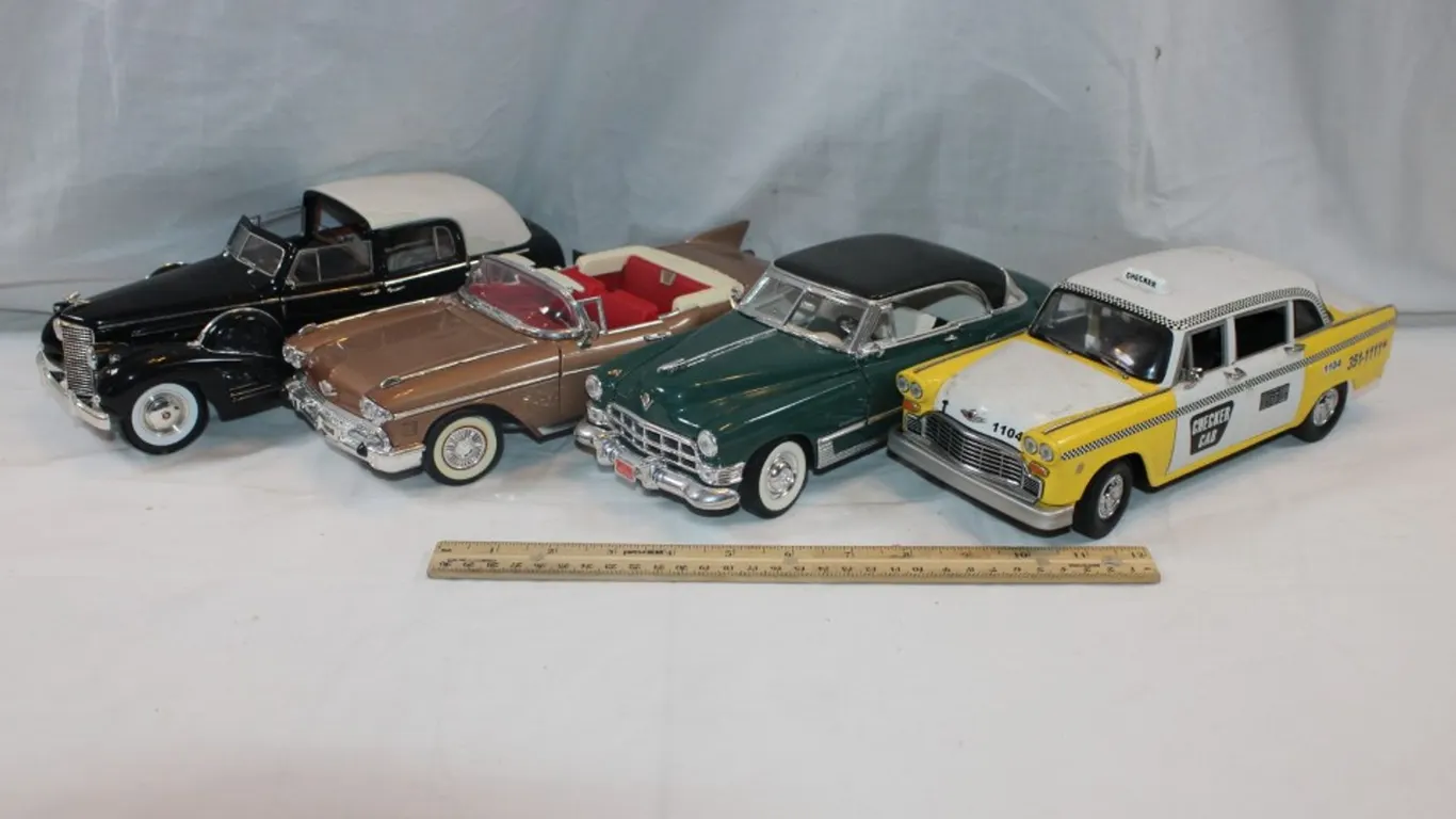 4 1:18 Scale Cars, Signature 1958 Cadillac, 1949 Cadillac, 1961 Checker Cab, 1938 Cadillac