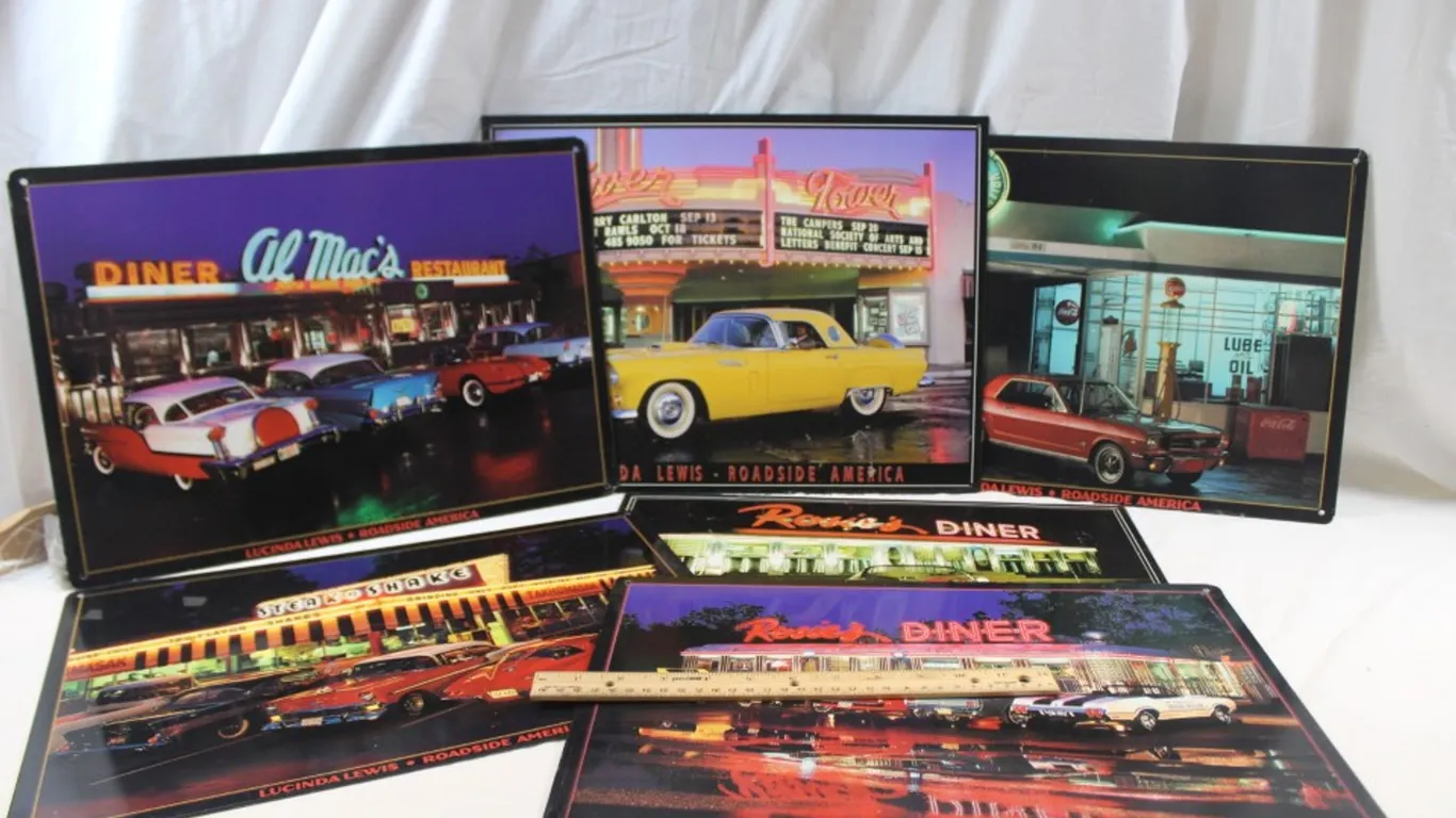 Six Tin Roadside America Signs