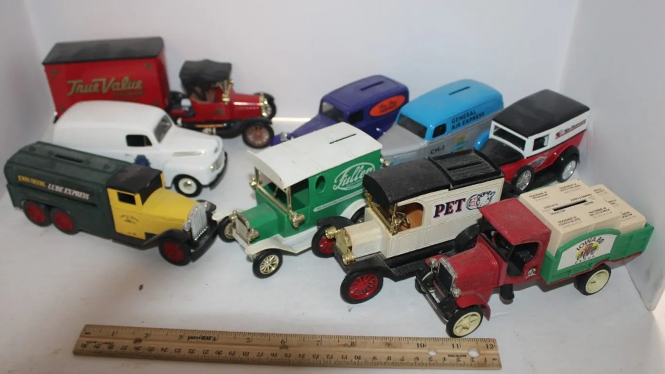 Die Cast Panel Wagons and Coin Banks: John Deere Lube Express Diamond, 1932 Half Ton, 1994 Chevy General Air Express 3, 1948 Ford Liberty Classics, ER