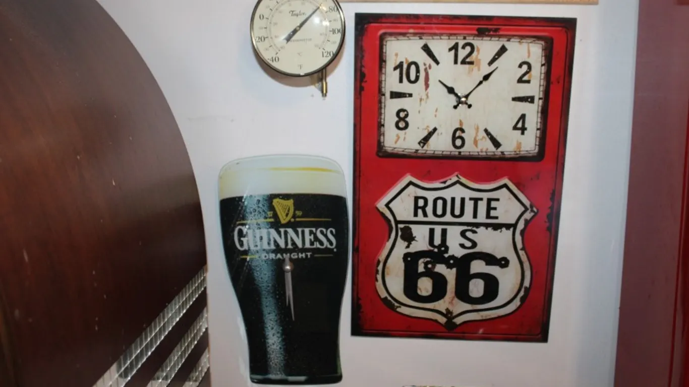 2 Glass Wall Clocks and a Thermometer Route Sixty Six Measures 10 x 16 Guinness Measures 6 x 12 Taylor Thermometer Measures 4 Inches