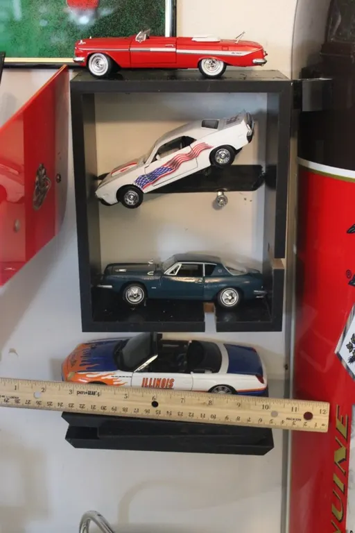 Four Diecast Cars and Display Shelves. Three Are 1:32 Scale, One Is 1:24 Scale. Signature 1961 Chevy Impala, New Way 1970 Dodge Challenger, Signature