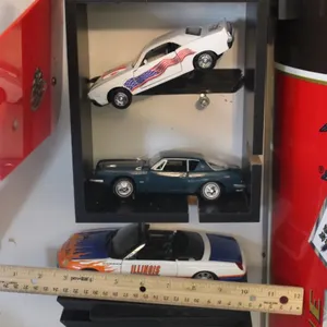 Four Diecast Cars and Display Shelves. Three Are 1:32 Scale, One Is 1:24 Scale. Signature 1961 Chevy Impala, New Way 1970 Dodge Challenger, Signature 