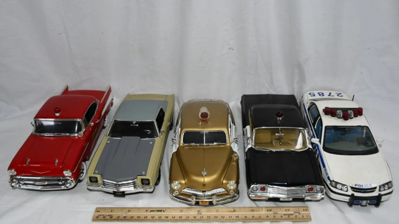 Five 1/18 Scale Diecast Models: 1949 Mercury Texas Public Safety Patrol, 57 Chevy Bel Air Fire District,