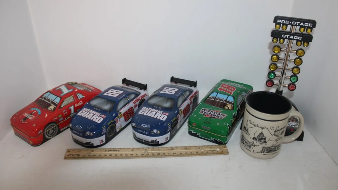 Four NASCAR Tins, Racecar Tree, and One Cup