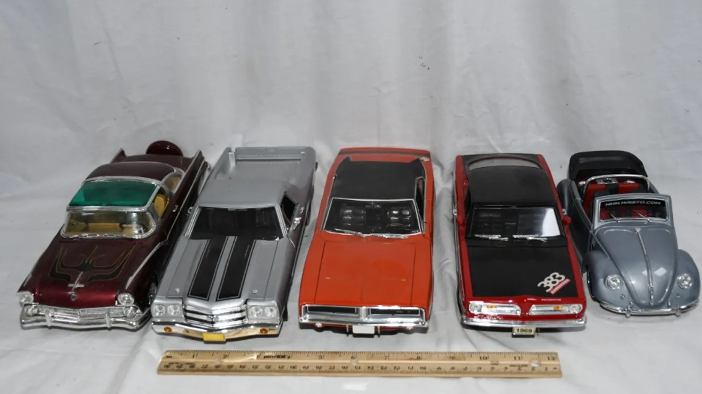 Five 1/18 Scale Diecast Models: 1955 Ford Fairlane, 1969 Barracuda, Eldo El Camino SS,
