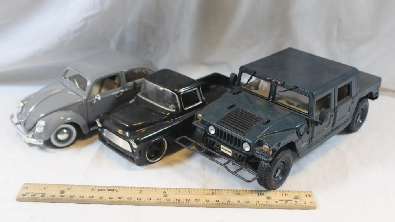 3 Model Cars Plastic Hummer 55 Chevy and a 55 Beetle