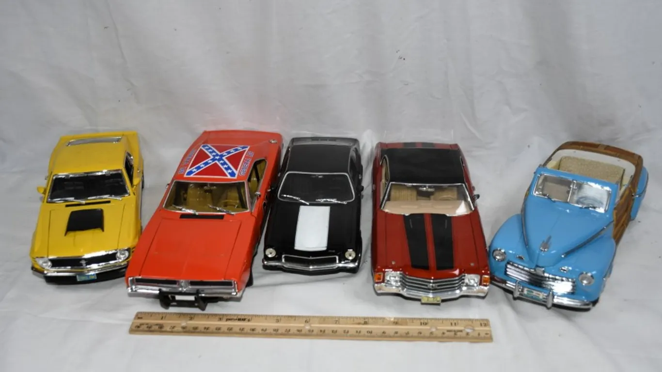 Five 1:18 Scale Diecast Models: 1946 Ford Sportsman, Ford Mustang American Graffiti Edition, 1972 Chevelle SS,