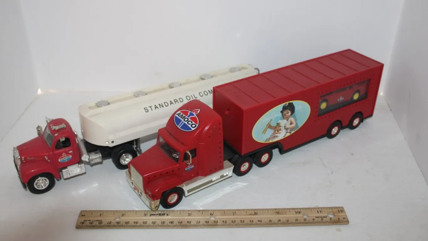 Standard Oil Fuel Truck and Trailer and Amoco Semi-Truck and Trailer with Race Car