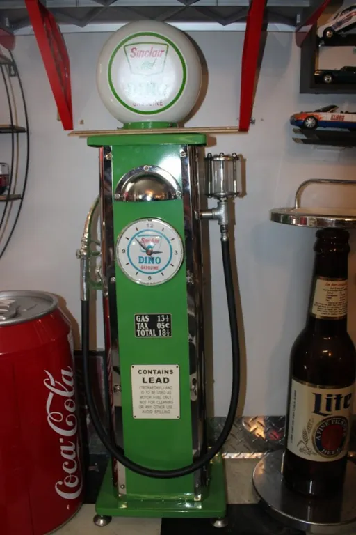Sinclair Dino Model Gas Pump with Clock, Glass Top Globe, and Light. Measures 40 Inches Tall