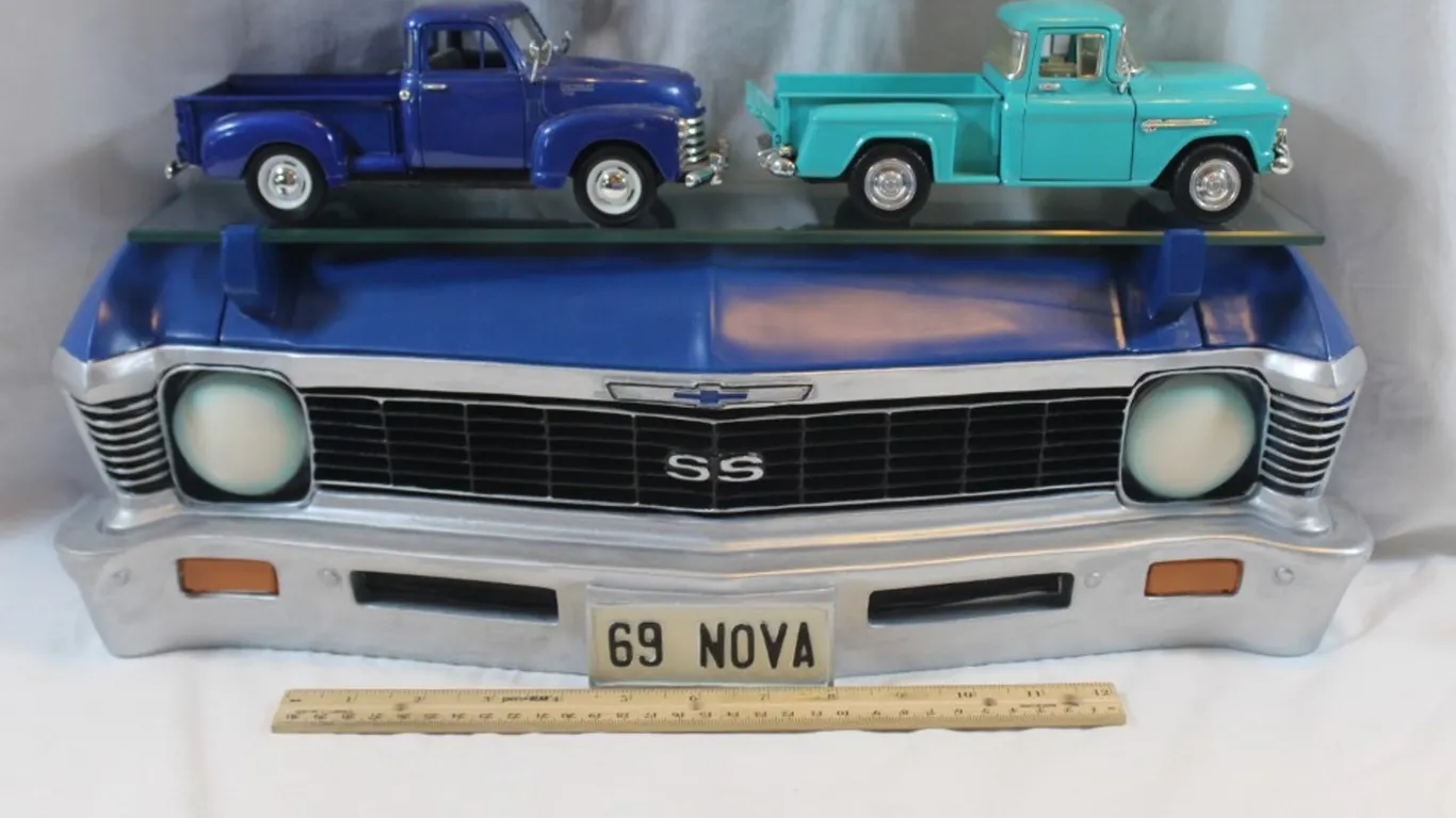1969 Chevy Nova Display Shelf with 2 1:26 Scale and 1:24 Scale Chevy Trucks