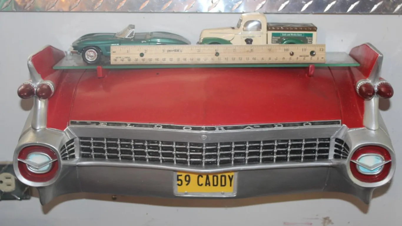1959 Cadillac Eldorado Wall Shelf with Two 1:24 Scale Diecast Cars, 1967 Corvette and a Golden Ford Forty, Display Shelf Measures 21 x 17 x 8.5