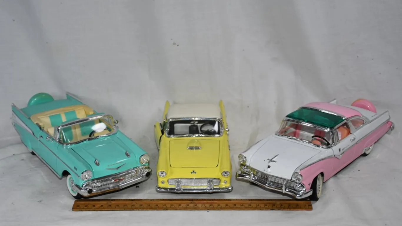 3 1:18 Scale Diecast Models: 57 Chevy Bel Air, 55 Ford Fairlane Crown Vic, and 55 Ford Thunderbird