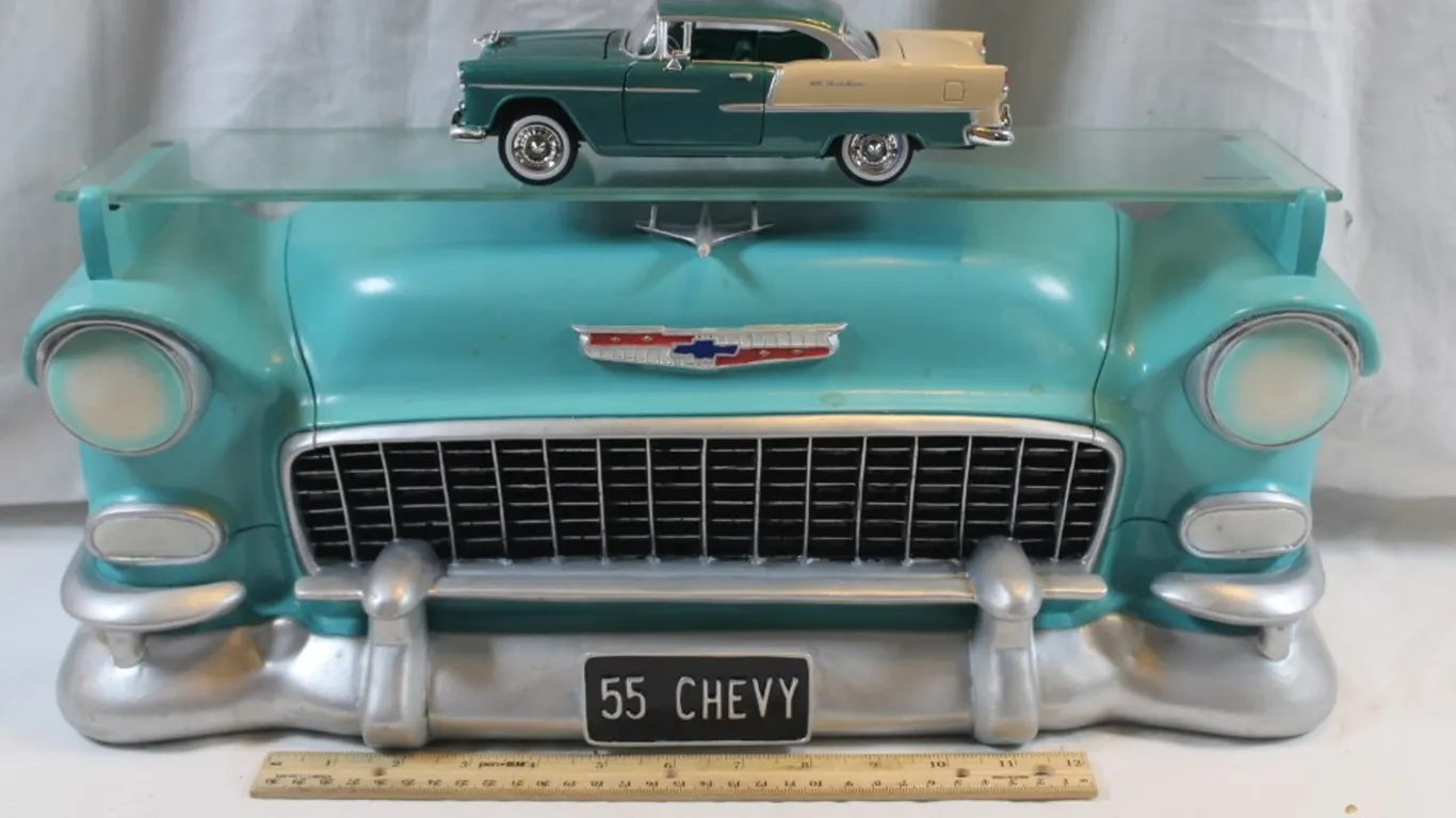A 55 Chevy Display Shelf with a 1:24 Scale Model 55 Chevy Bel Air, Display Shelf Measures 20 x 7 x 9