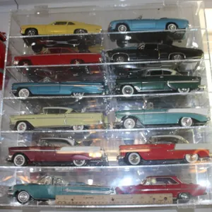 Plexiglas Die Cast Display Shelf with 12 1:18 Scale Models Including Sunstar 1963 Nova, 1960 Chevy Impala, Ertl 1955 Chevy Bel Air, Precision 1956 Che