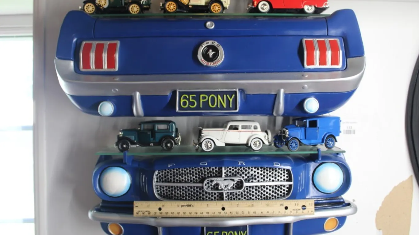 Two 65 Ford Mustang Display Shelves with Six 1:32 Scale Diecast