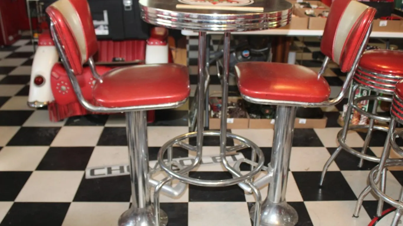 1950s High Top Diner Table with 2 Stools Texaco Themed