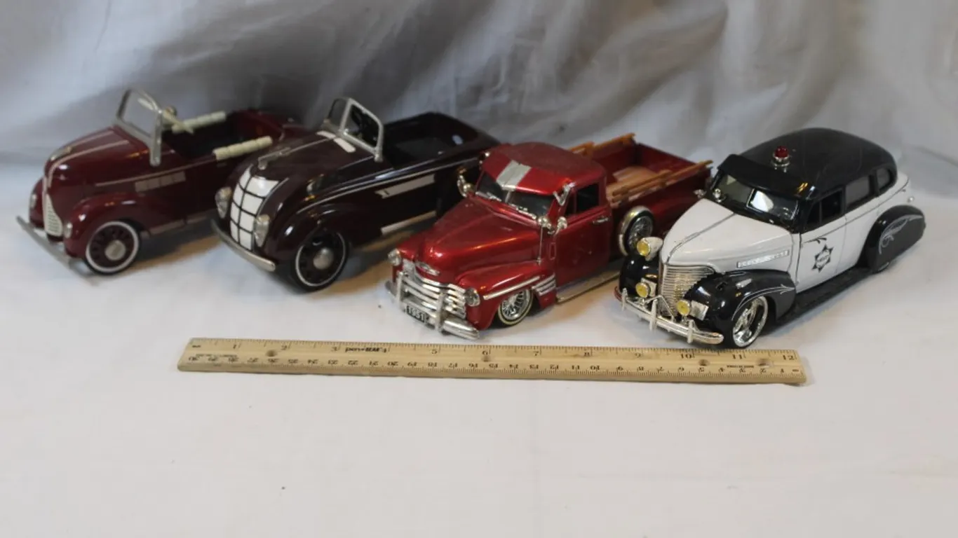Four 1:24 Scale Diecast Cars 51 Chevy 39 Chevy Master Deluxe Police Car and 2 Model Pedal Cars