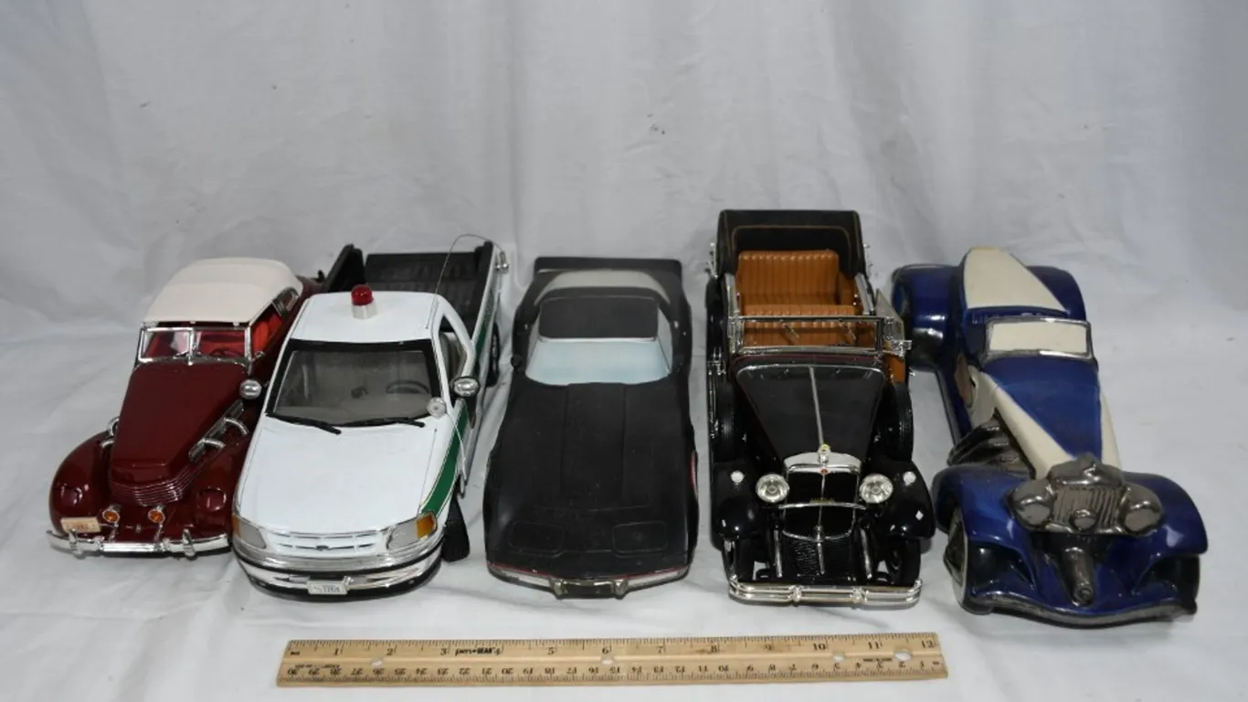 Five 1/18 Scale Diecast Models: 1937 Cord Supercharged, 1932 Maybach Zeppelin, Two Jim Beam Decanters,