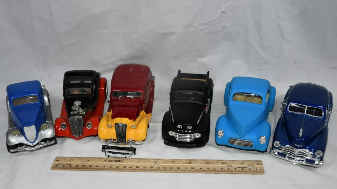 Six 1:24 Scale Diecast Models: Ford Hot Rods, 1948 Chevy Sedan, 1948 Ford Harley-Davidson Truck,