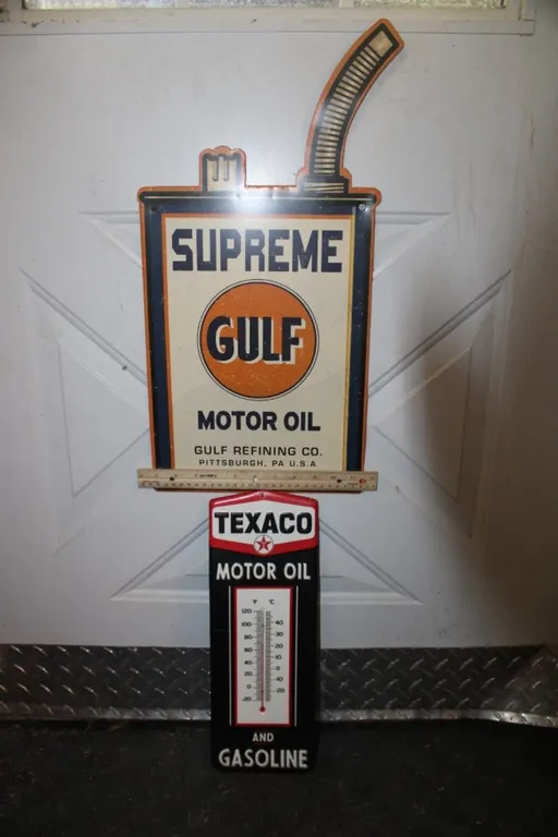 Gulf Motor Oil Sign and Texaco Thermometer Sign Measures 11 x 23 Thermometer Measures 6 x 15.5