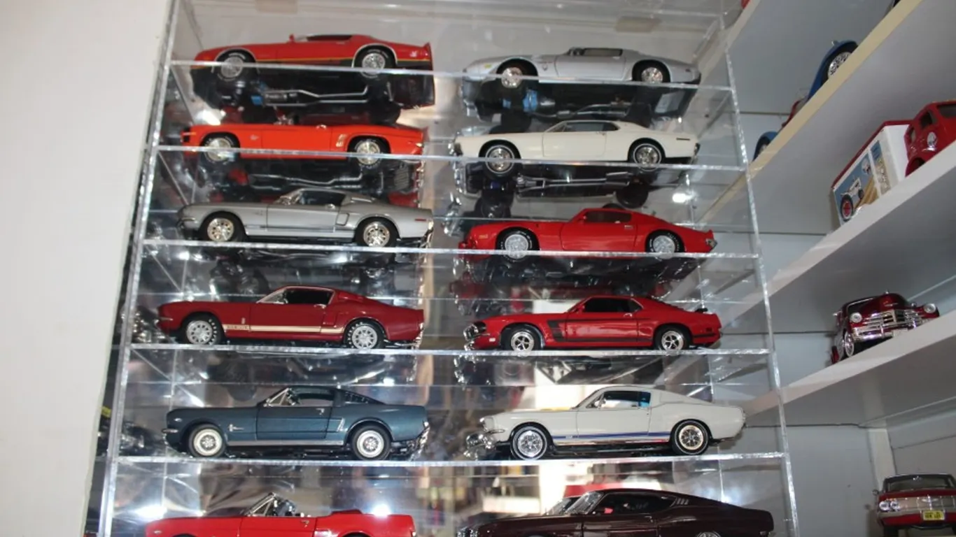 Plexiglas Display Case with 12 1:18 Scale Diecast Models: Maisto 1969 Ford Torino Talladega, 1964 1/2 Mustang, Another 1964 1/2 Mustang, Ertl Mustang