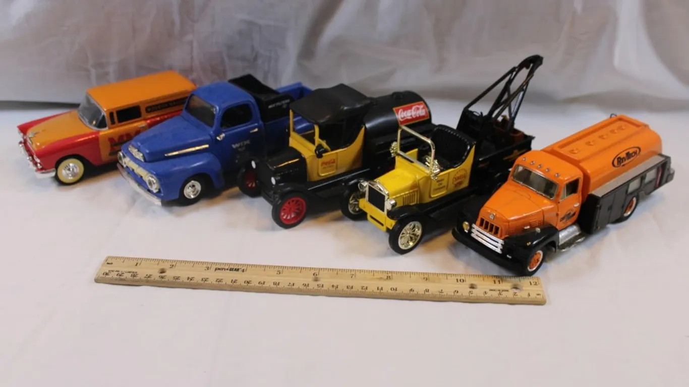 Five 1:24 Scale Diecast Advertising Cars: Minneapolis Moline Liberty '55 Chevy Coin Bank, Wix Filters Ertl 1951 Ford Pickup Coin Bank, Coca-Cola 1918